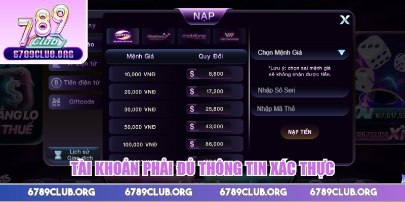 Tài khoản phải đủ thông tin xác thực